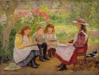 Les in de tuin, 1900